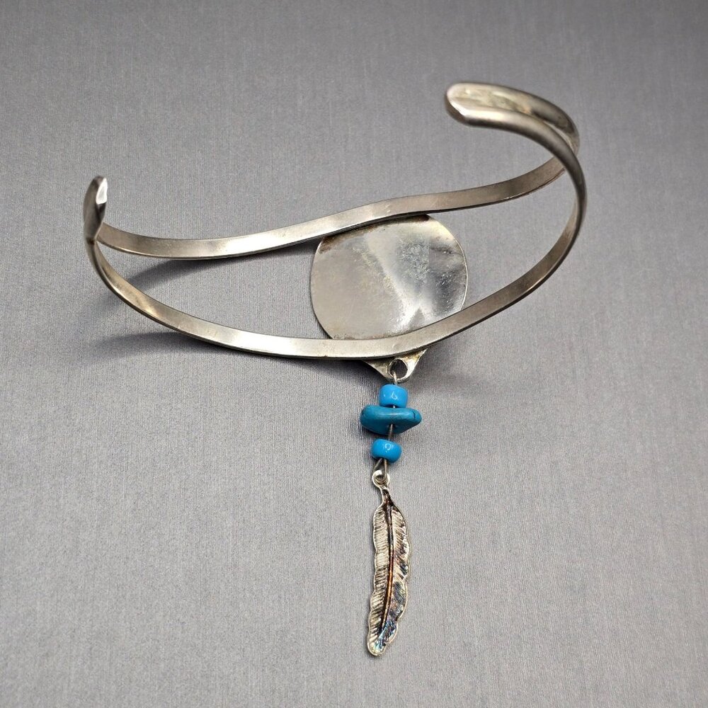 VTG Southwestern Sterling Silver Bracelet 6.75" Crushed Turquoise Feather Charm - Picture 7 of 15